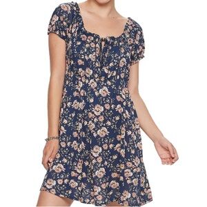 American Rag Navy and Cream Floral Puff Sleeve Dress Juniors Size S